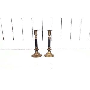 Brass pillar spindle candlesticks/distressed metal vintage candle holders